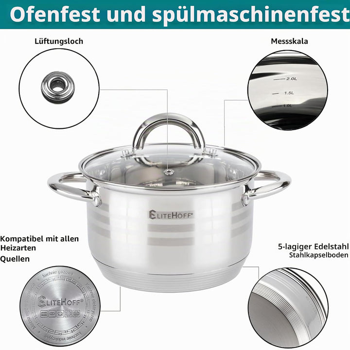 EliteHoff 12-Teilig Induktion Kochtopf-Set, 5-lagig Edelstahl Kochtopf, 6er Set Töpfe mit Deckeln, f