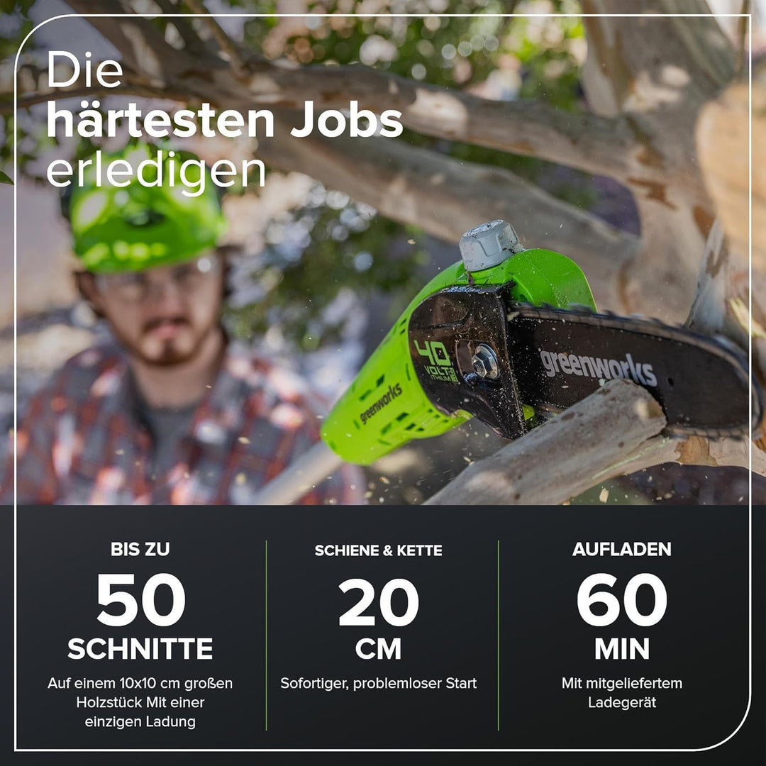 Greenworks G40PSFK2 Akku Hochentaster,20 cm Blattlänge, 8 m/s Kettengeschwindigkeit, 3,64 kg, automa