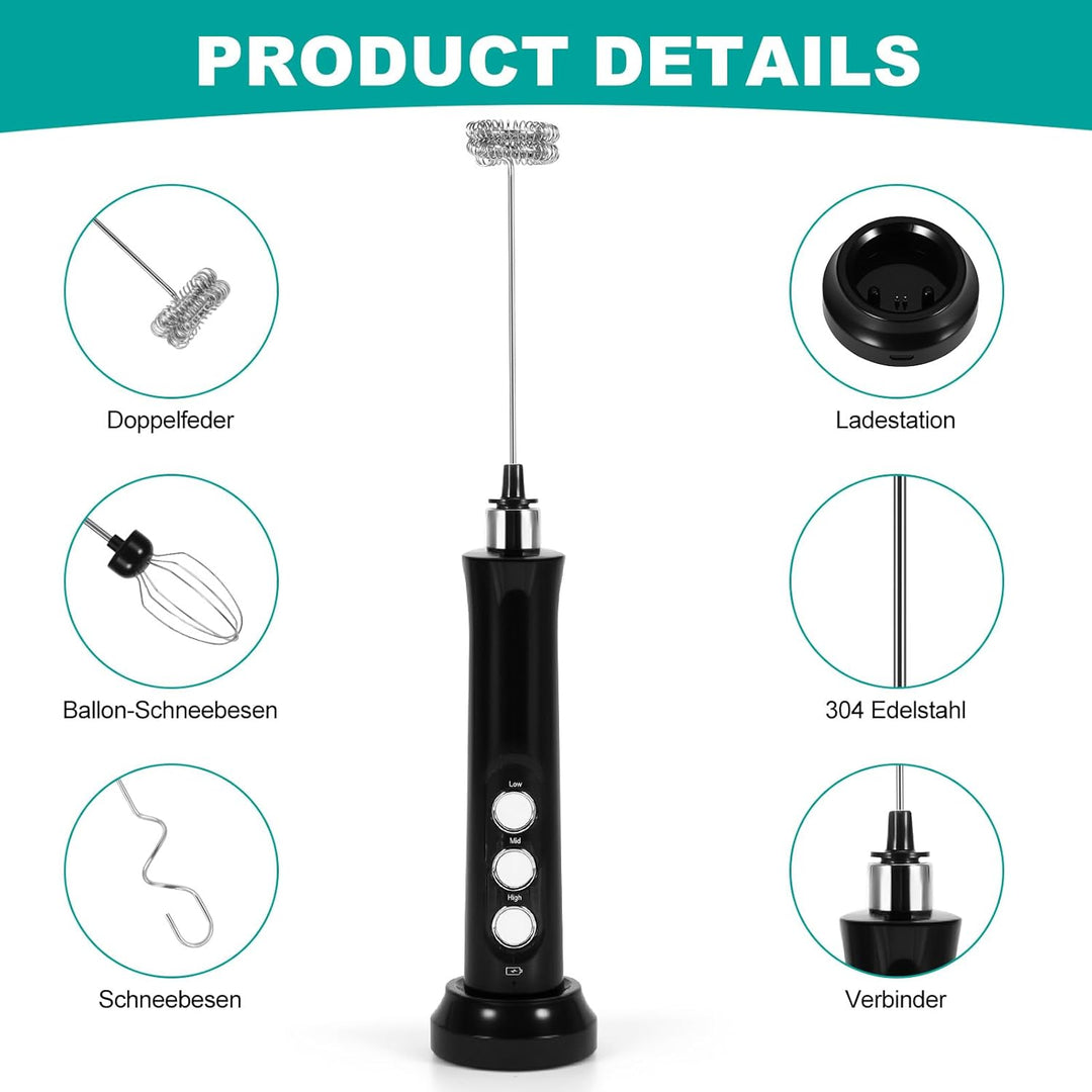Elektrische Milchaufschäumer, Handheld Milchschäumer Stab, 3-Gang USB Wiederaufladbarer Aufschäumer