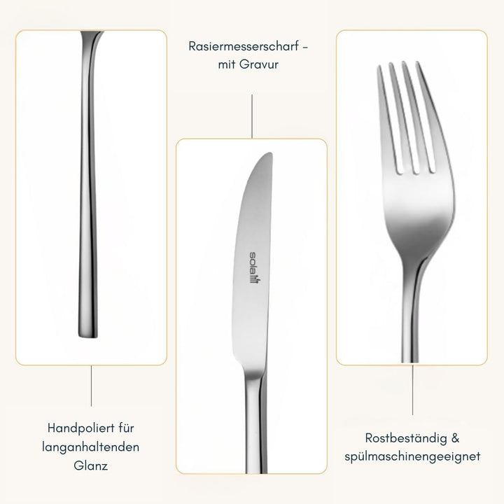Sola Montreux Besteck Set - 6 Personen Essbesteck - 50 Teilig, 18/10 Rostfreiem Stahl - Robustes und