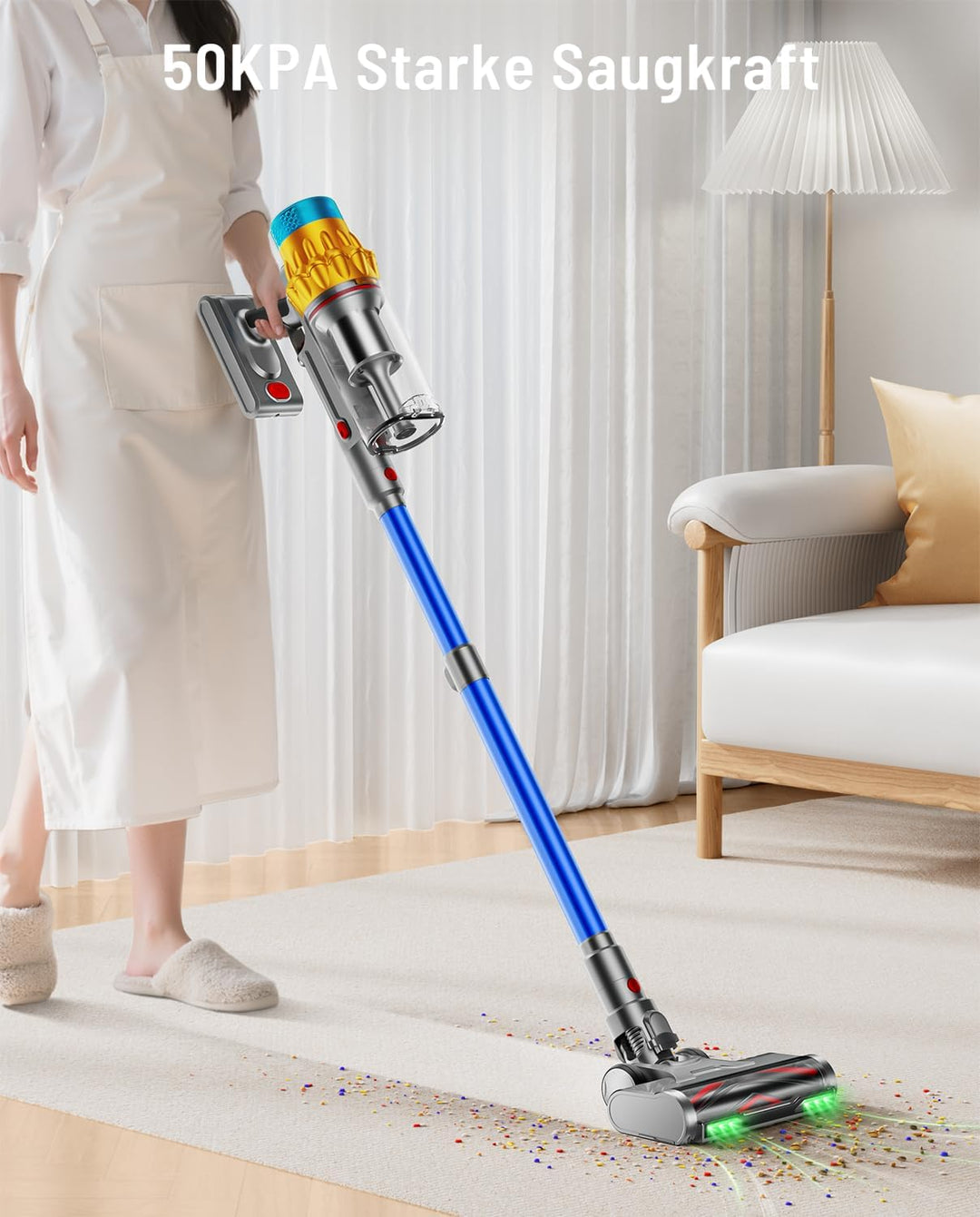 Akku Staubsauger, 50KPA/600W/70Mins Staubsauger Kabellos mit Selbststehend, 1,8L Grosser Staubbecher