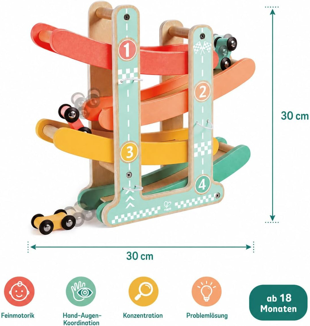 Hape Flickflack Rennbahn aus Holz mit 3 Autos –Limitierte Auflage – Montessori Motorikspielzeug &amp; Au