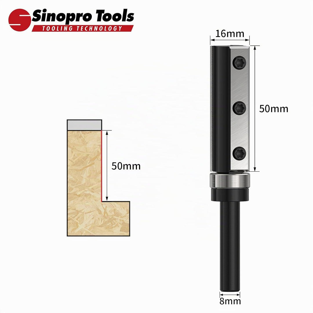 Sinoprotools Wendeplatten Bündigfräser HW – 8 mm Schaft, 16 mm Schneidendurchmesser, 50 mm Schneiden