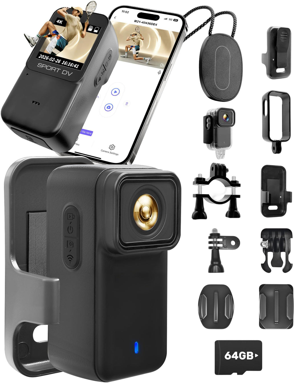 Action Camera 4K WiFi mit 64GB TF-Karte, POV Kamera mit Magnetischem Rückdeckel, Bodycam Körperkamer