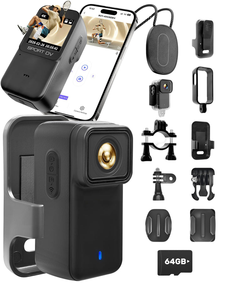 Action Camera 4K WiFi mit 64GB TF-Karte, POV Kamera mit Magnetischem Rückdeckel, Bodycam Körperkamer