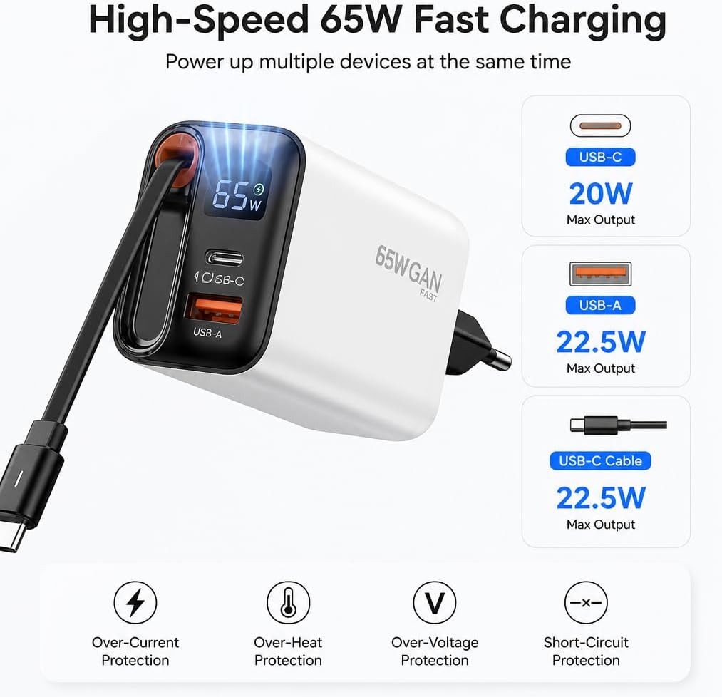 65W GaN Schnell Ladegerät mit 65cm einziehbarem Kabel, LED-Anzeige &amp;3‑Port