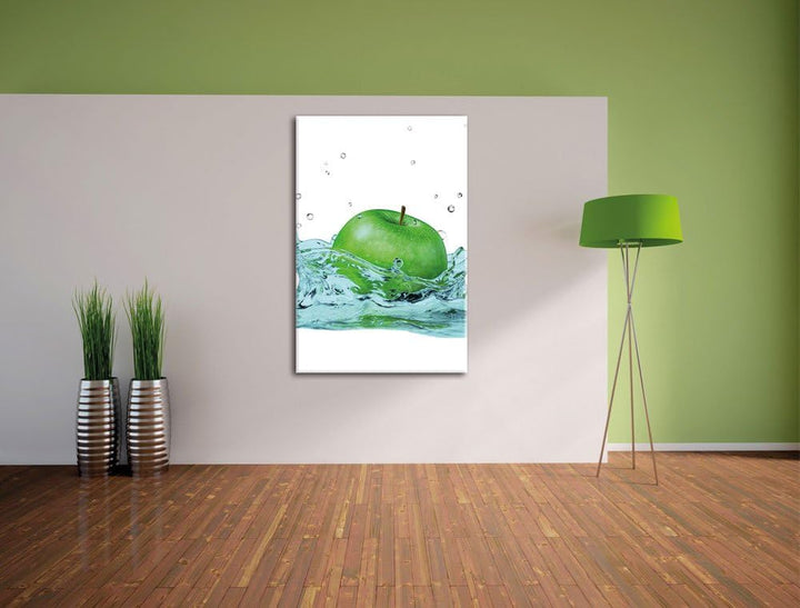 Pixxprint Grüner Apfel fällt in Wasser als Leinwandbild/Grösse: 100x70 cm/Wandbild/Kunstdruck/fertig