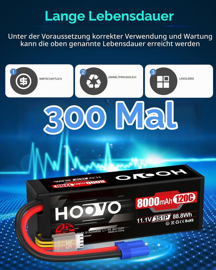HOOVO 11,1V Lipo Akku 3S 8000mAh 120C HardCase RC Akku Battrien mit EC5 Anschlussstecker für RC Scal