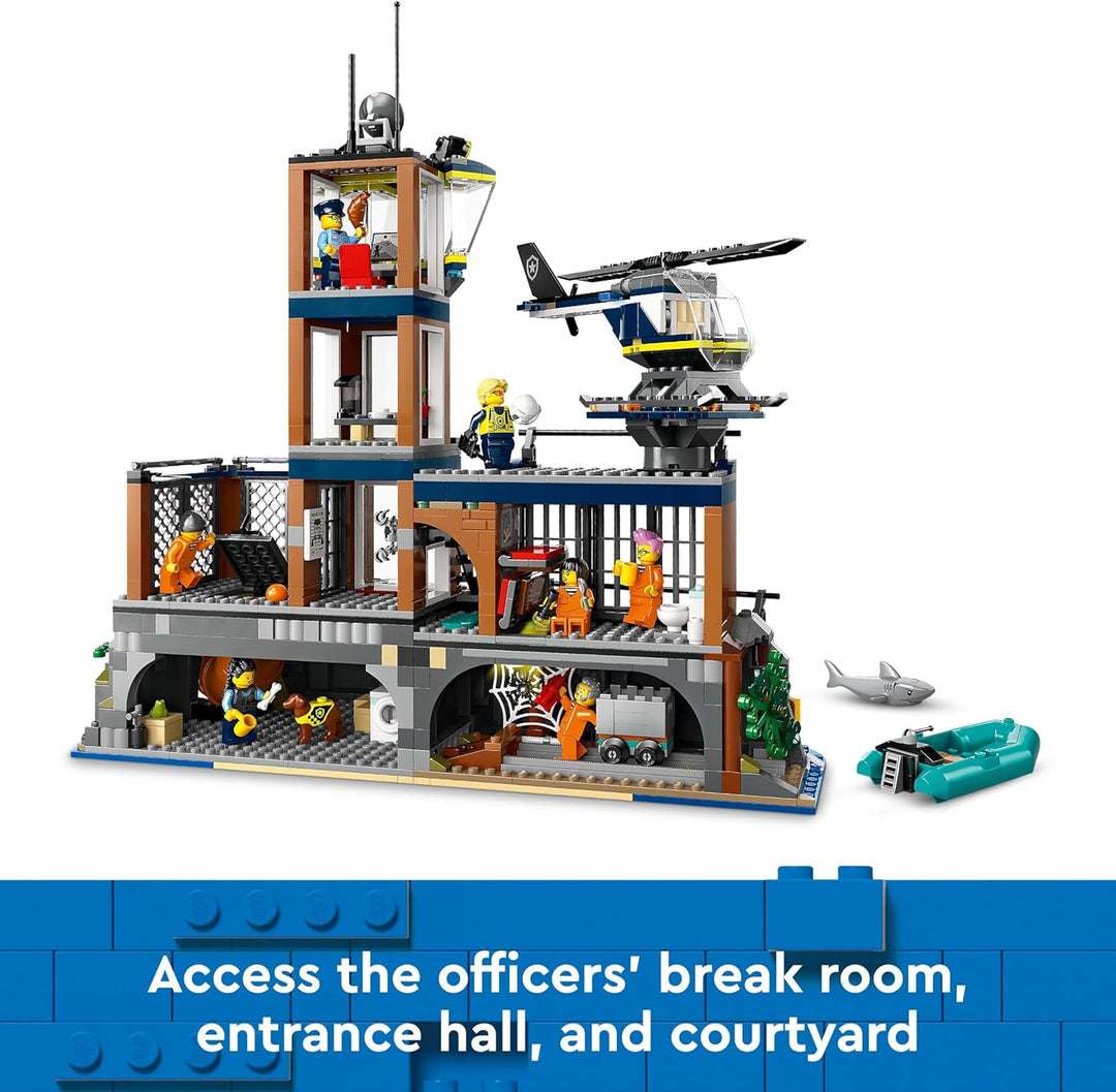 LEGO City Polizeistation auf der Gefängnisinsel, Polizei-Spielzeug mit Hubschrauber & City Burger-Tr