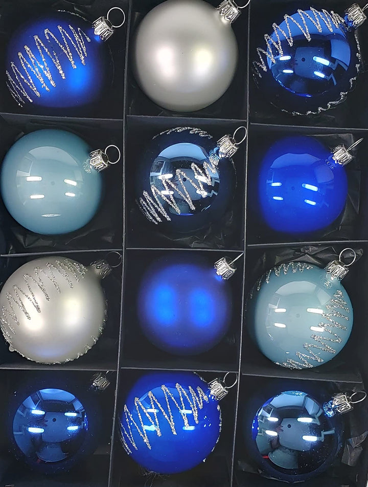 Thüringer Christbaumschmuck Exclusiv BLAU Weiss Mix 6cm Handarbeit Germany 12er Set