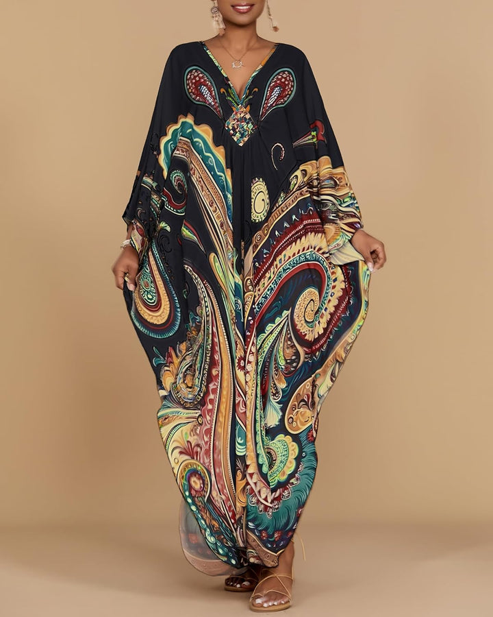 Bsubseach Damen Strandkleid Ethnic Print Kaftan Beach Maxi Kleider A-Schwarz, A-Schwarz