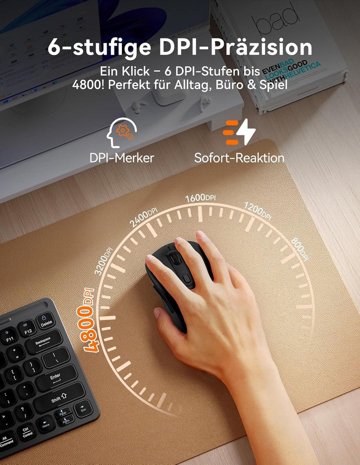 TECKNET Bluetooth Maus, Maus Kabellos (Tri-Modus: BT 5.0/3.0+2.4G) 4800 DPI Leise Mouse, Funkmaus mi