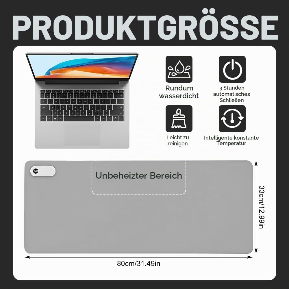 Beheizte Schreibtischunterlage, 80x33cm Beheiztes Mauspad mit 3 Heizstufen &amp; 3H Abschaltautomatik un