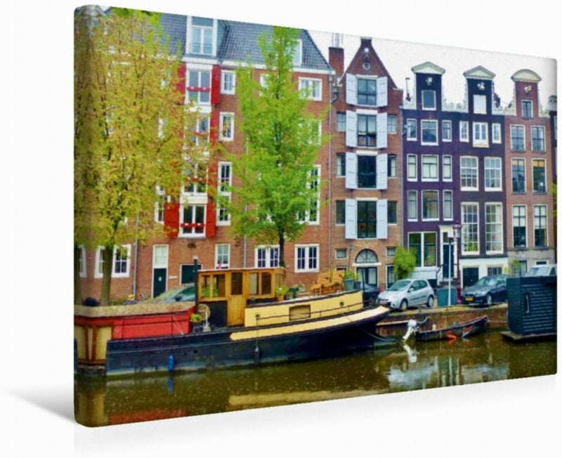 Premium Textil-Leinwand 45 x 30 cm Quer-Format Amsterdam - Gracht mit Hausboot | Wandbild, HD-Bild a