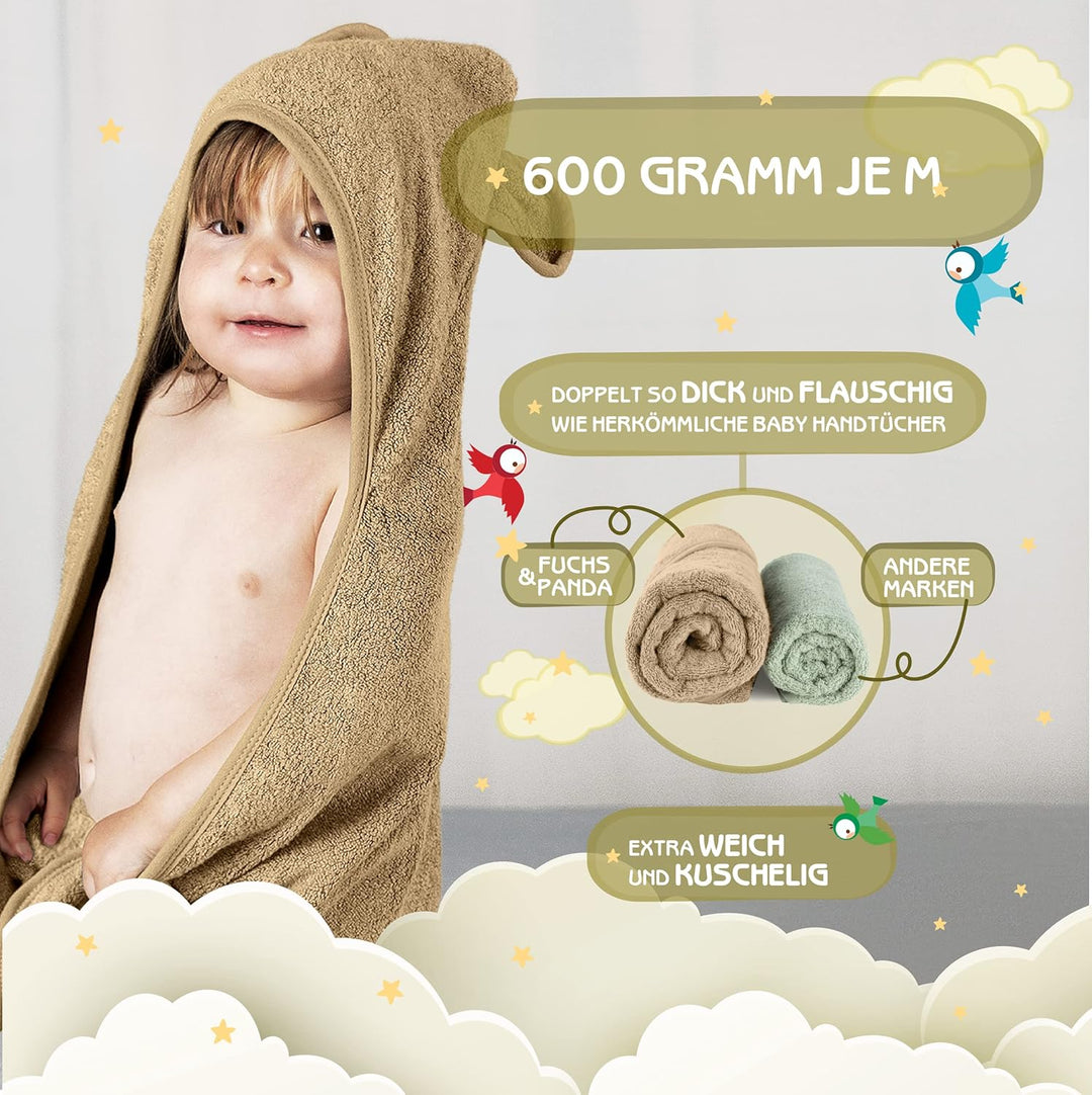 Kapuzenhandtuch Baby EXTRA dick, warm & weich | 75x75cm Babyhandtuch mit Kapuze (100% Bambus) | Baby