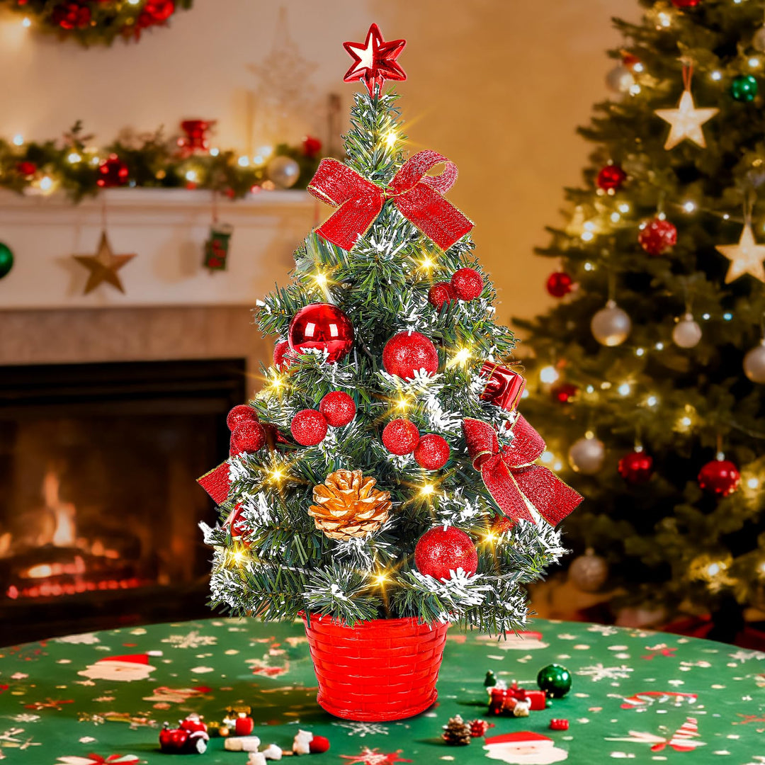 Kleiner Weihnachtsbaum mit Beleuchtung, 45CM Künstlicher Mini Weihnachtsbaum mit Stern und Deko, Ges