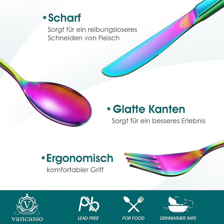 vancasso Besteckset 48-teilig aus Edelstahl, Regenbogen, Tafelbesteck, quadratisches Besteckset für