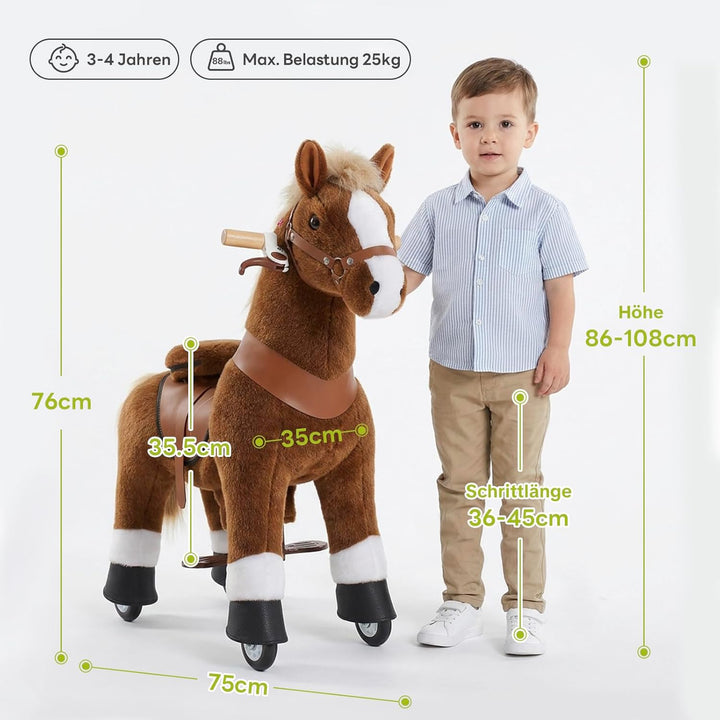 PonyCycle Pferd zum reiten, für Kinder 3–4 Jahre, 76cm Hoch, Reitpferd auf Rollen mit Handbremse und