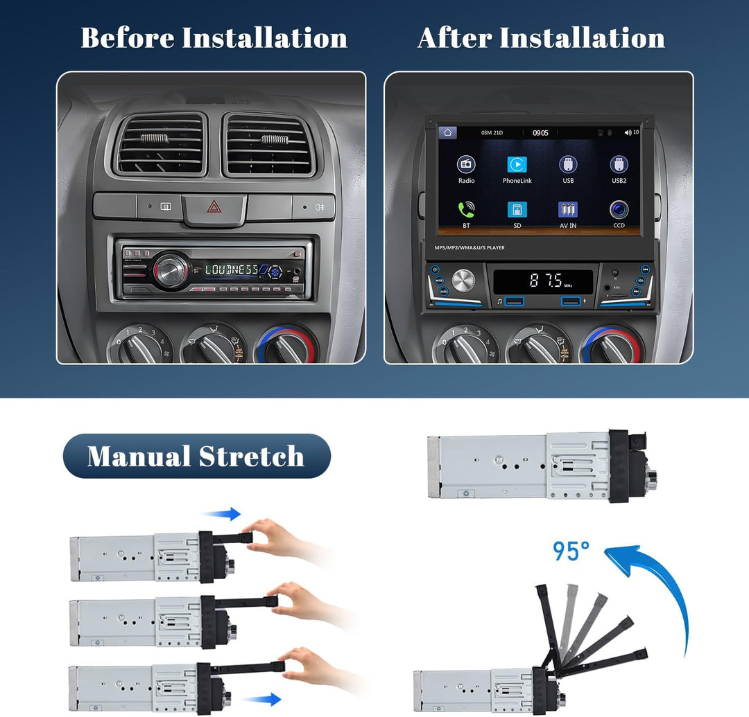 Hikity AM FM Autoradio 1 Din Wireless Carplay Android Auto, Touch Screen 7 Zoll Ausfahrbarem Display