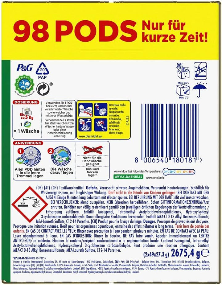 Ariel Waschmittel Pods All-in-1, 98 Waschladungen (2 x 49) Universal Frischer Wäscheduft und strahle