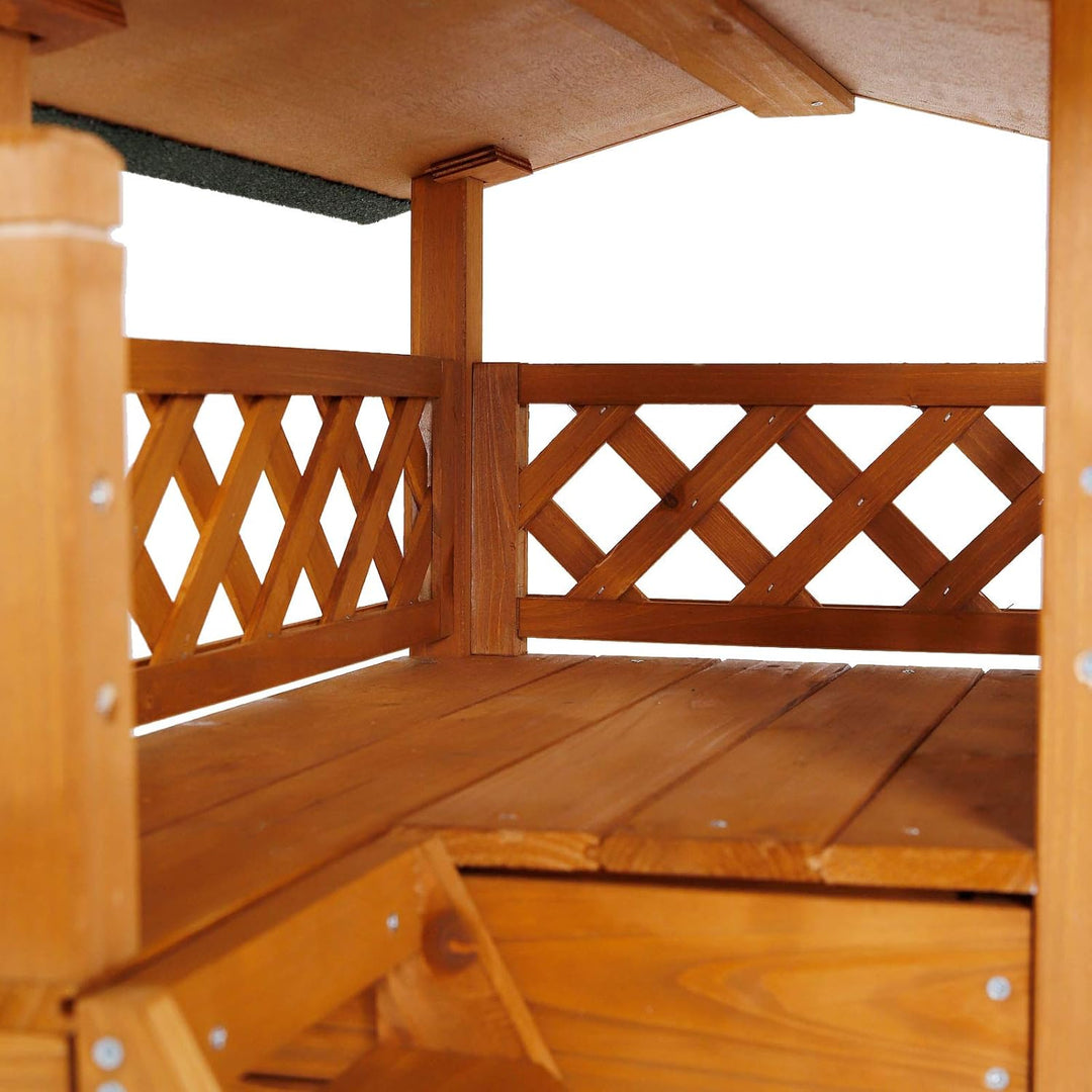 lionto Katzenhaus mit Terrasse und Treppe, Outdoor Lodge für Katzen aus robustem Holz bietet Schutz