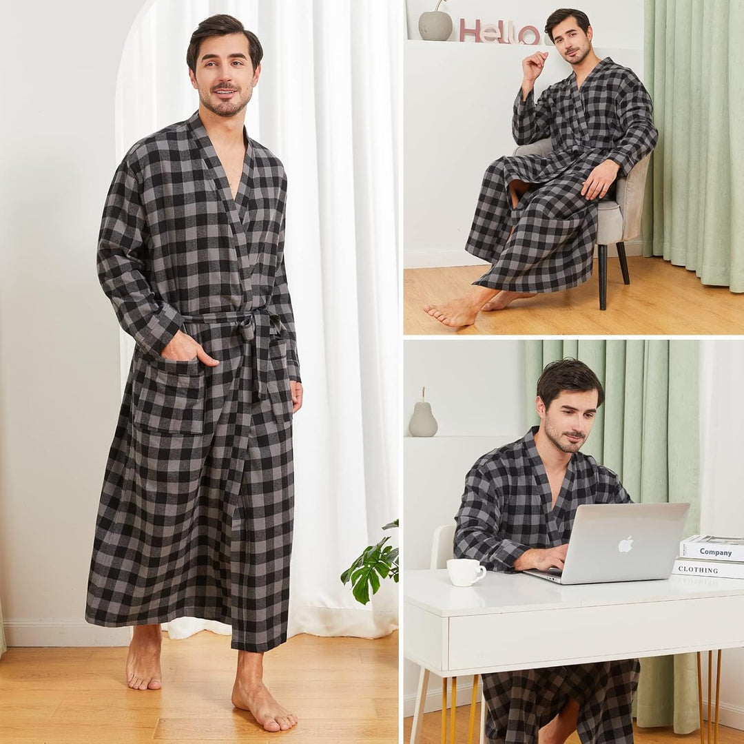 FashGudim Herren Buffalo-Karo 100% Baumwollflanell Bademantel mit Schalkragen Leichter, langer Morge