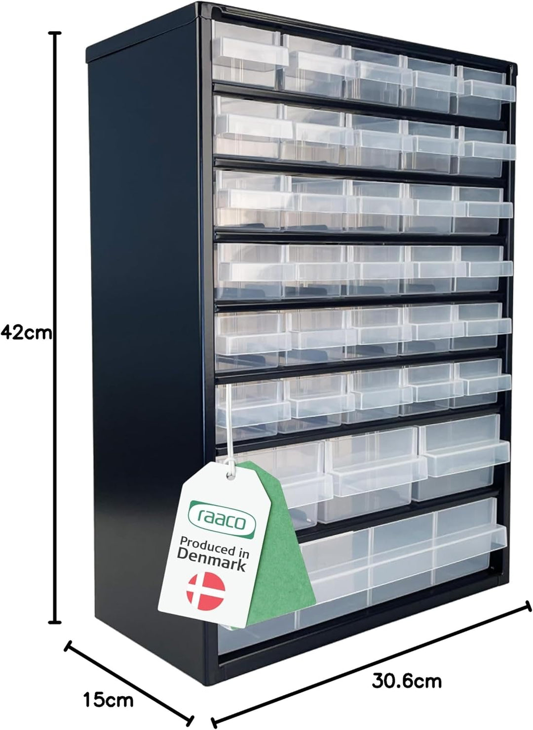 RAACO Kleinteilemagazin C9-34, 26 kg Last, 15 x 30,6 x 42 cm, 34 Schubladen, beschichteter Stahl, ge