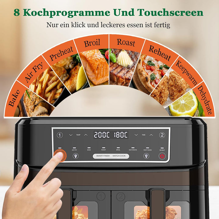 Heissluftfritteuse 2 Kammern | 10L Airfryer mit Sichtfenster Zweizonen Temperatur Separat Regeln, 8-