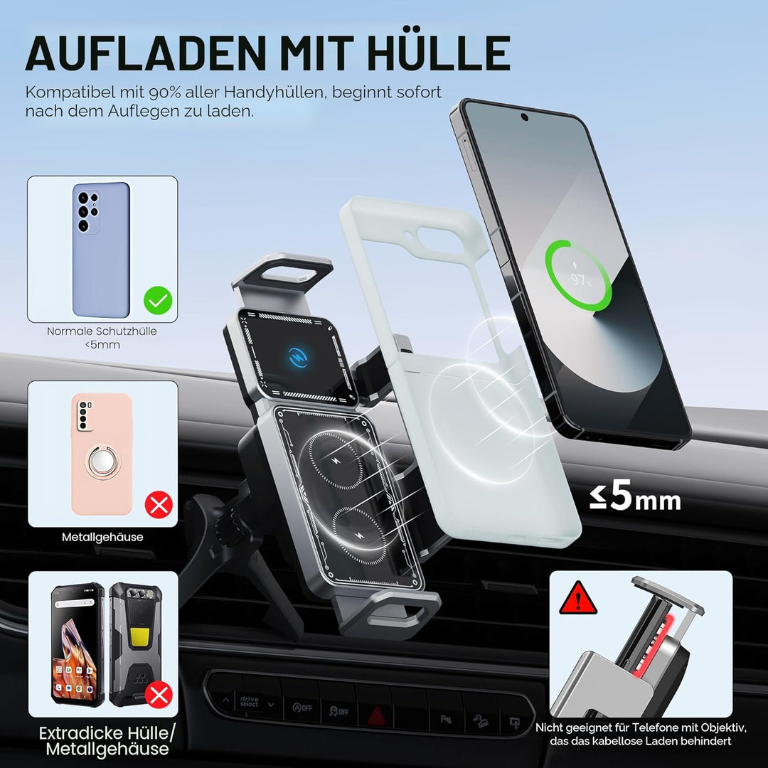 KFZ Handyhalterung für Samsung Galaxy Z Fold 7/6/5/4, 90° drehbar mit kabellosem Laden, 2-in-1 Lüftu