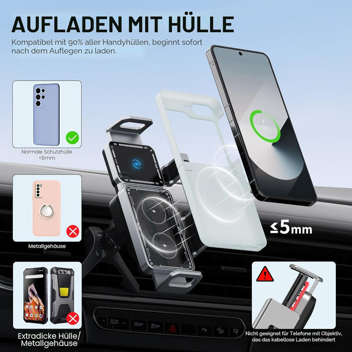KFZ Handyhalterung für Samsung Galaxy Z Fold 7/6/5/4, 90° drehbar mit kabellosem Laden, 2-in-1 Lüftu