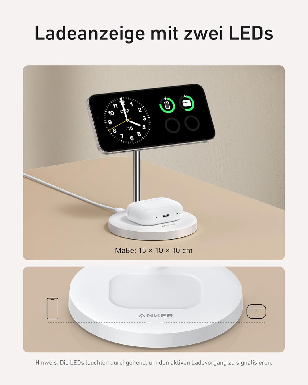Anker MagGo 15W Magsafe Ladegerät kompatibel, 2-in-1 Induktive Ladestation, Qi2 Wireless Charger für