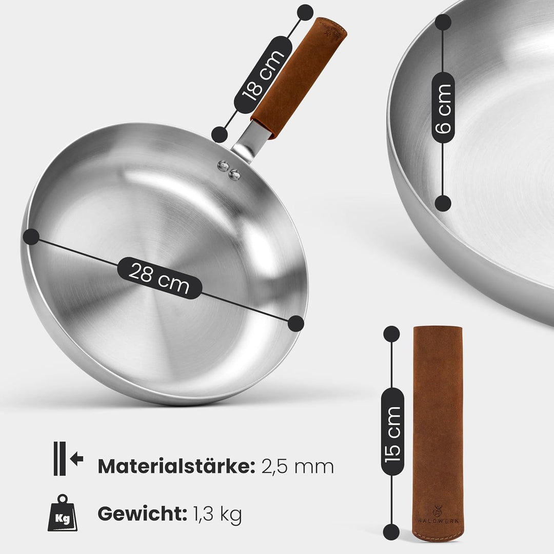 WALDWERK Edelstahlpfanne 28 cm - Induktionsgeeignet und Ofenfest - Pfanne aus Edelstahl mit Lederübe