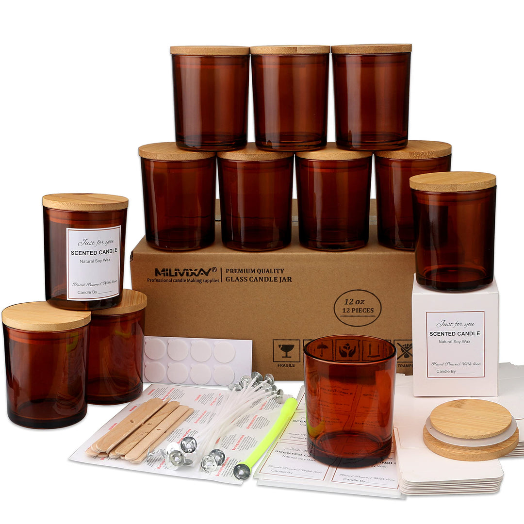 MILIVIXAY 12 Stück 340 ml bernsteinfarbene Kerzengläser mit Deckel und Kerzenherstellungs-Sets – lee