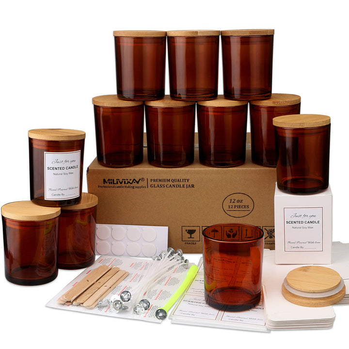 MILIVIXAY 12 Stück 340 ml bernsteinfarbene Kerzengläser mit Deckel und Kerzenherstellungs-Sets – lee