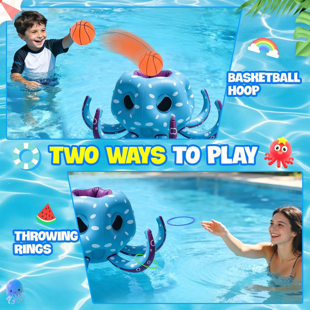 Aufblasbares Oktopus Poolspielzeug, 2-in-1 Aufblasbare Schwimmer Wasser Spiel, Pool Basketballkorb &