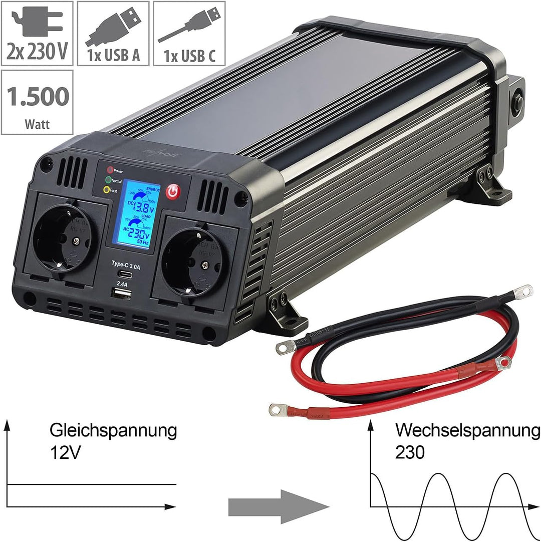 revolt Sinus Wechselrichter: 12-V-Wechselrichter auf 230 Volt, USB-A und -C, 1.500 Watt, Sinuswelle