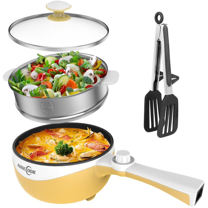 Audecook Elektrischer Topf mit Dampfgarer, 1.7L Mini Elektrische Bratpfanne für Wohnheim Antihaftbes