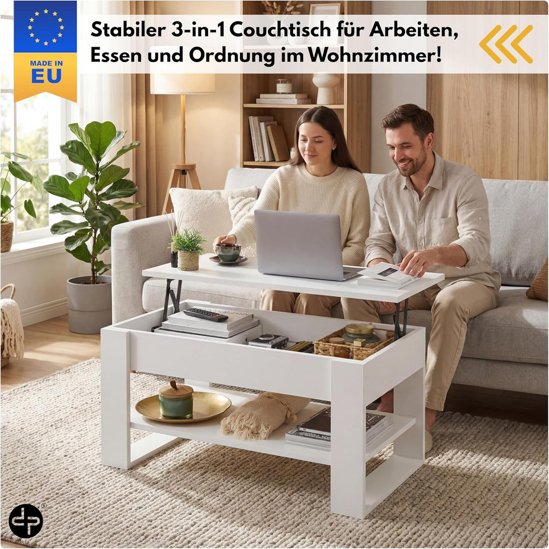 defiPad Couchtisch Weiss Höhenverstellbar mit Stauraum, Wohnzimmertisch mit hochziehbarer Tischplatt