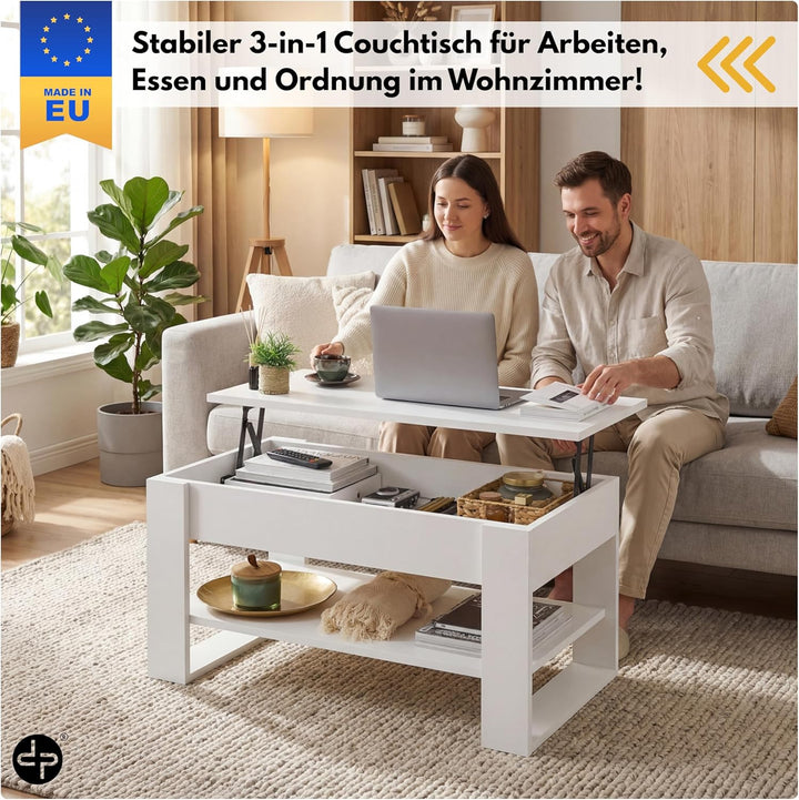 defiPad Couchtisch Weiss Höhenverstellbar mit Stauraum, Wohnzimmertisch mit hochziehbarer Tischplatt