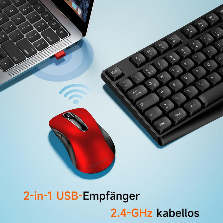 QWERTZ Kabelloses Tastatur Maus Set, Full Size 105-Tasten Tastatur mit Nummernblock, 2.4GHz Funk mit