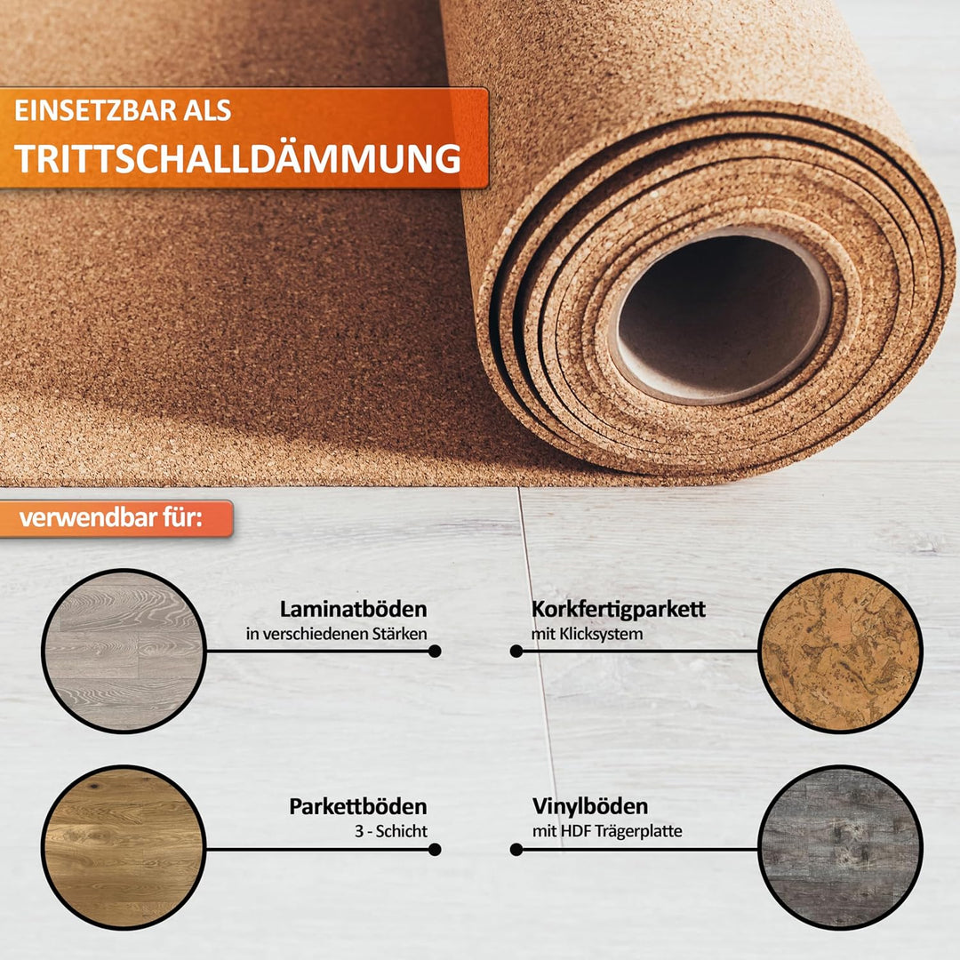 Trittschalldämmung TRECOR Rollenkork - Stärke 4 mm - Akustik Tritt- und Gehschalldämmung für Laminat