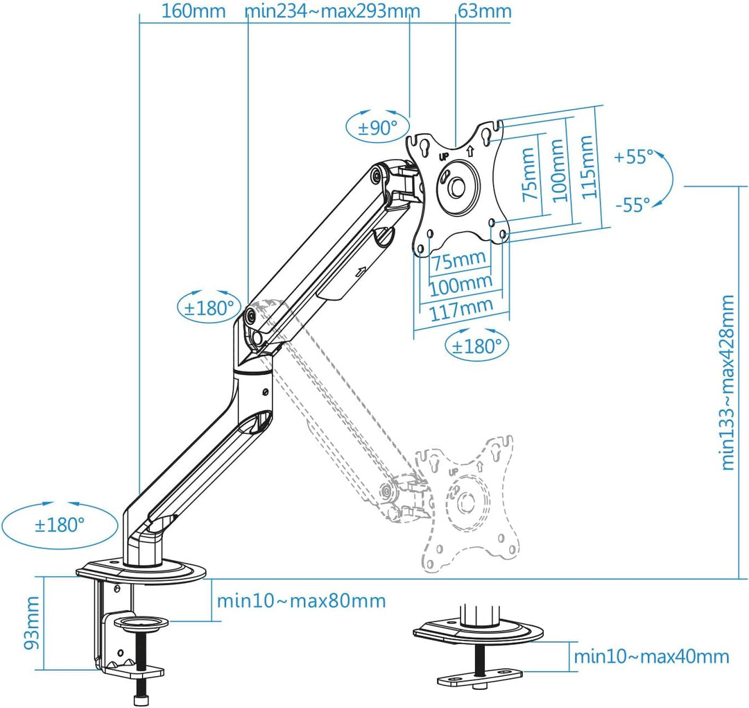 TOOQ DB4032TNR-W - Einarmiger, neig- und schwenkbarer Tischständer für 17"-32" Zoll Bildschirme, ein