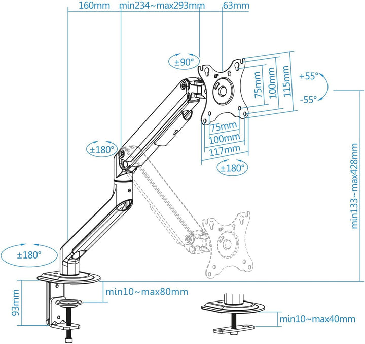 TOOQ DB4032TNR-W - Einarmiger, neig- und schwenkbarer Tischständer für 17"-32" Zoll Bildschirme, ein
