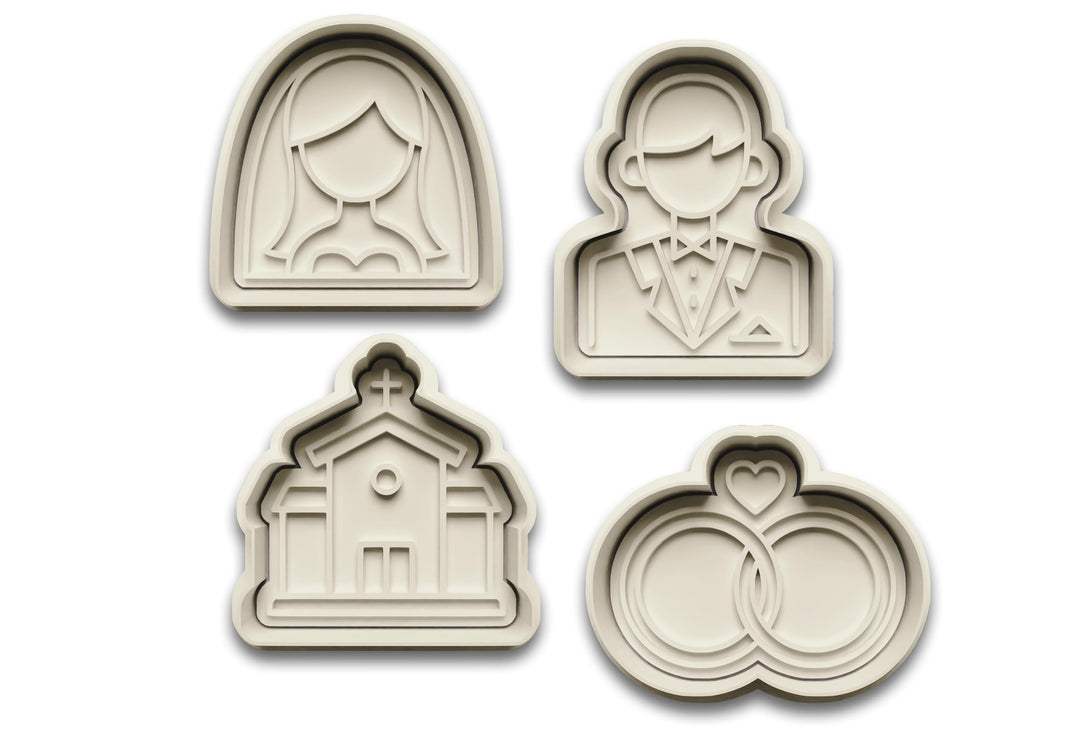 Keksausstecher Set Hochzeit – 4-teilig mit Stempel – Braut, Bräutigam, Kirche, Ringe – Ausstechforme