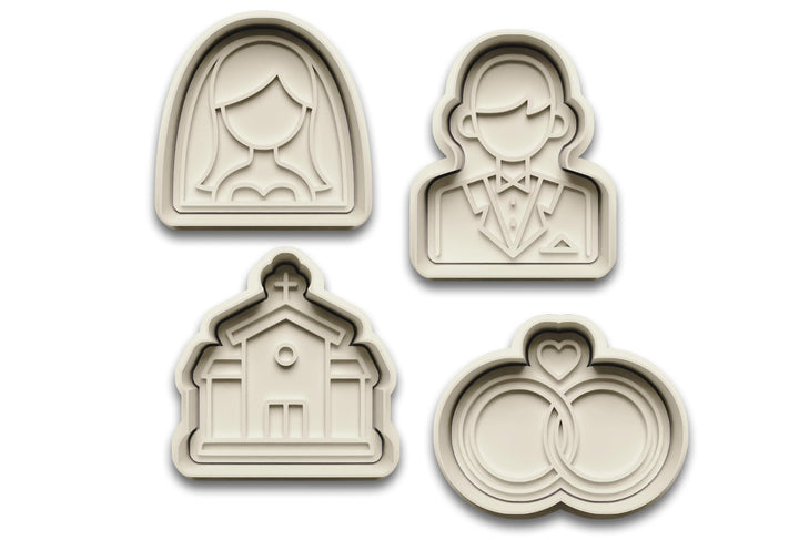 Keksausstecher Set Hochzeit – 4-teilig mit Stempel – Braut, Bräutigam, Kirche, Ringe – Ausstechforme