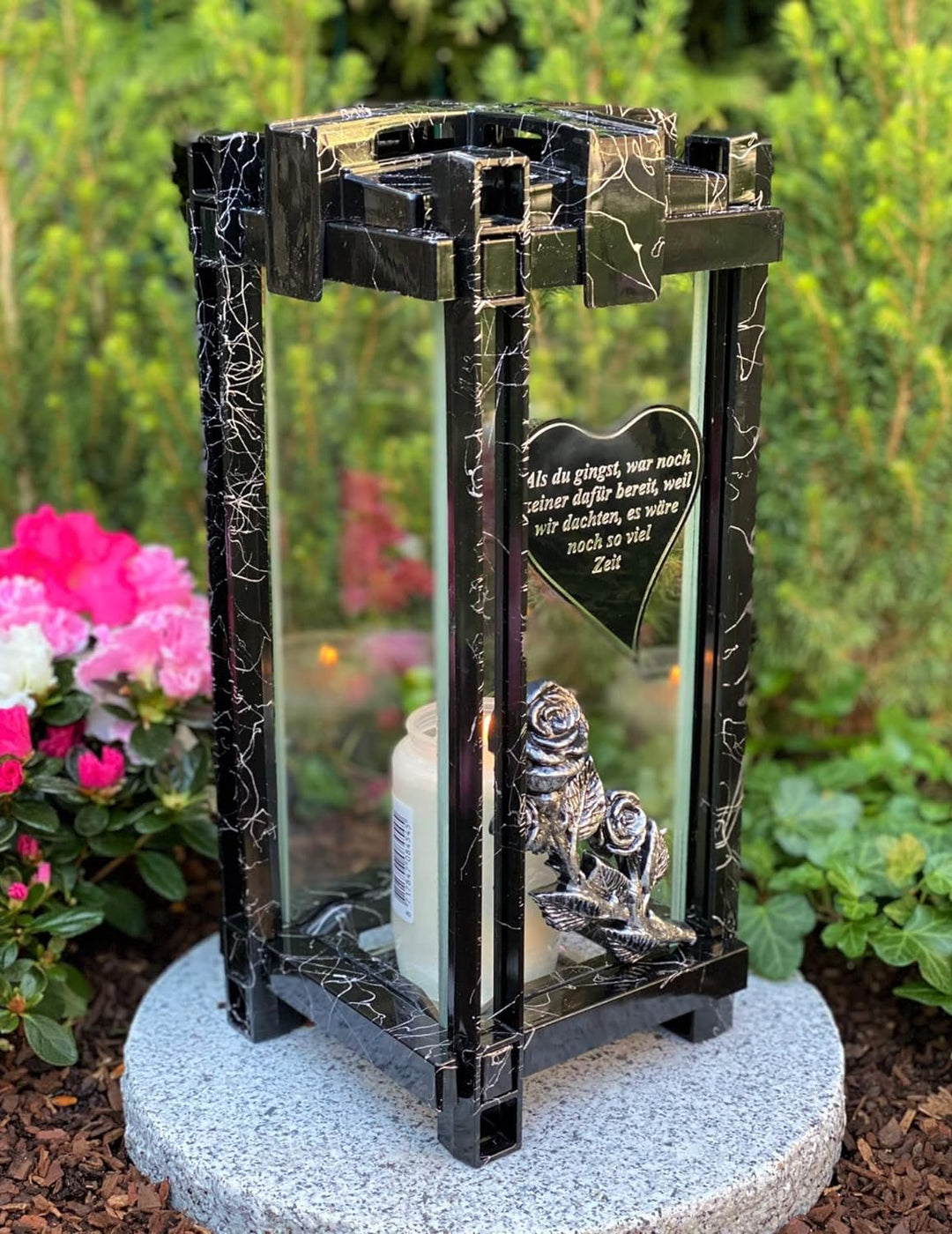 Garten Paradies Handmade Grablampe Laterne Grablicht 33 cm H. mit Beschriftung Grablicht Kerze Grabk