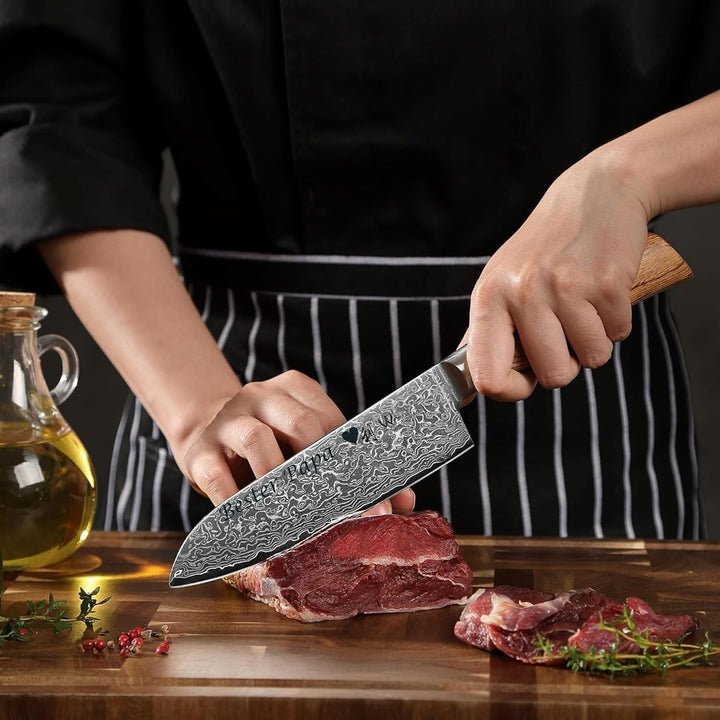 Wakoli EDIB Pro Damast Santoku Messer mit Gravur – Personalisiertes Küchenmesser, 16cm Klinge aus 67