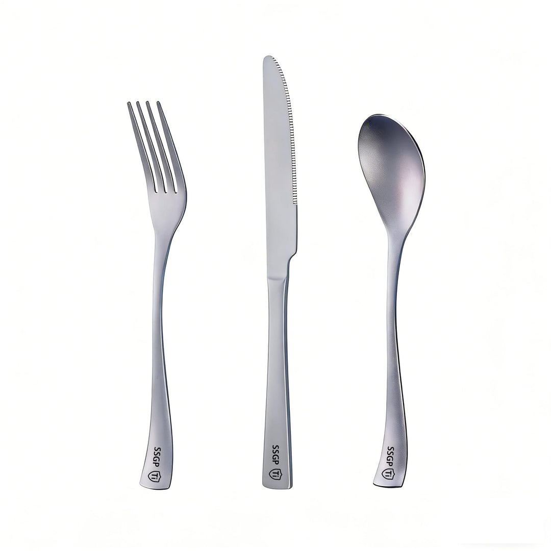 SSGP Titan Besteck Set 3-teilig – Reines Titan Grade 1, Geschmacksneutral & Rostfrei – Mattierte Obe