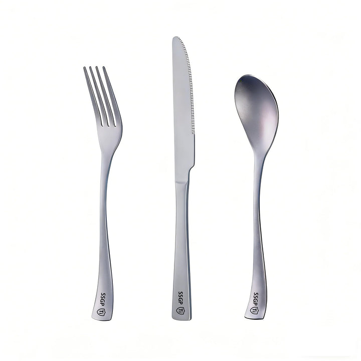 SSGP Titan Besteck Set 3-teilig – Reines Titan Grade 1, Geschmacksneutral & Rostfrei – Mattierte Obe