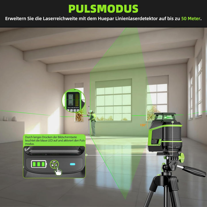 Huepar 360° Laser Wasserwaage mit 152 cm Stativ, Kreuzlinienlaser grün mit Pulsmodus, 3 Helligkeitss